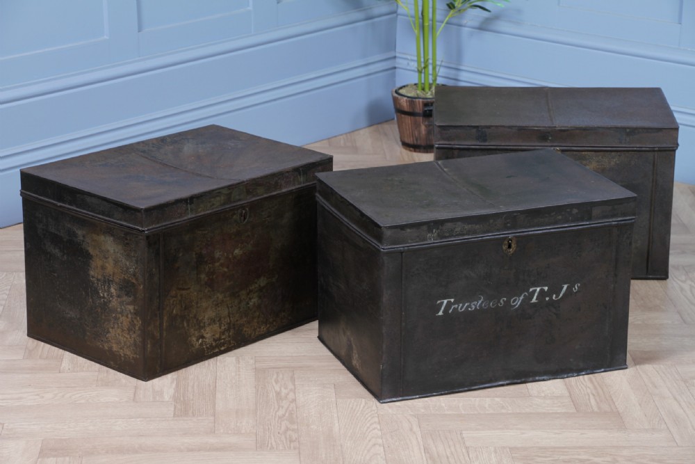 Antique Victorian T.Js Tinplate Metal Deed Chest Trunk Box Vintage View XIV