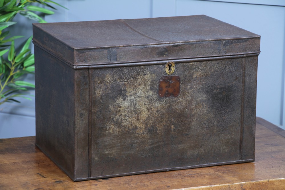 Antique Victorian Tinplate Metal Deed Chest Trunk Box Vintage C1860