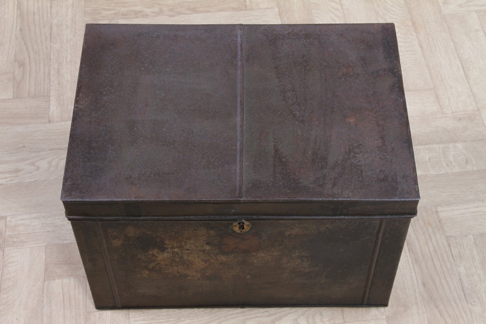Antique Victorian Tinplate Metal Deed Chest Trunk Box Vintage C1860 View V