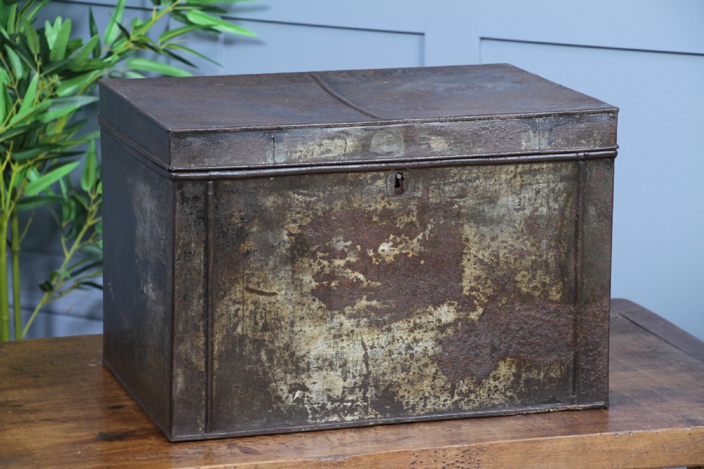 Antique Victorian Tinplate Metal Deed Chest Trunk Box Vintage 1860