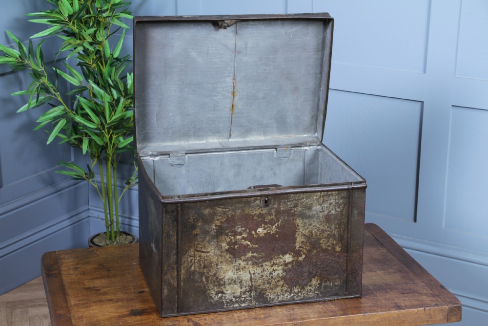 Antique Victorian Tinplate Metal Deed Chest Trunk Box Vintage 1860 View II