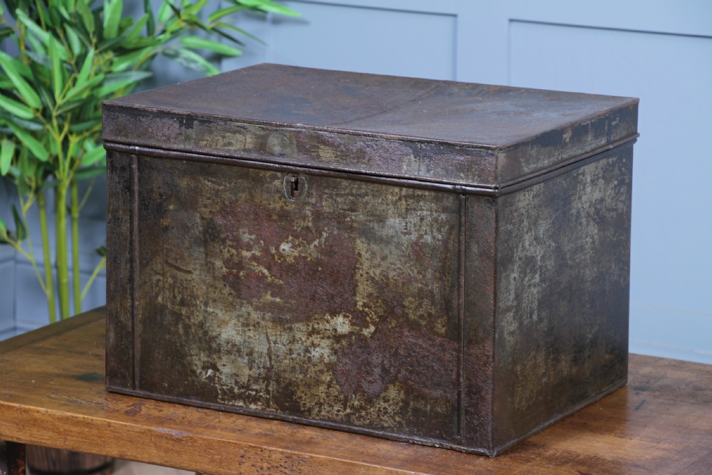 Antique Victorian Tinplate Metal Deed Chest Trunk Box Vintage 1860 View III