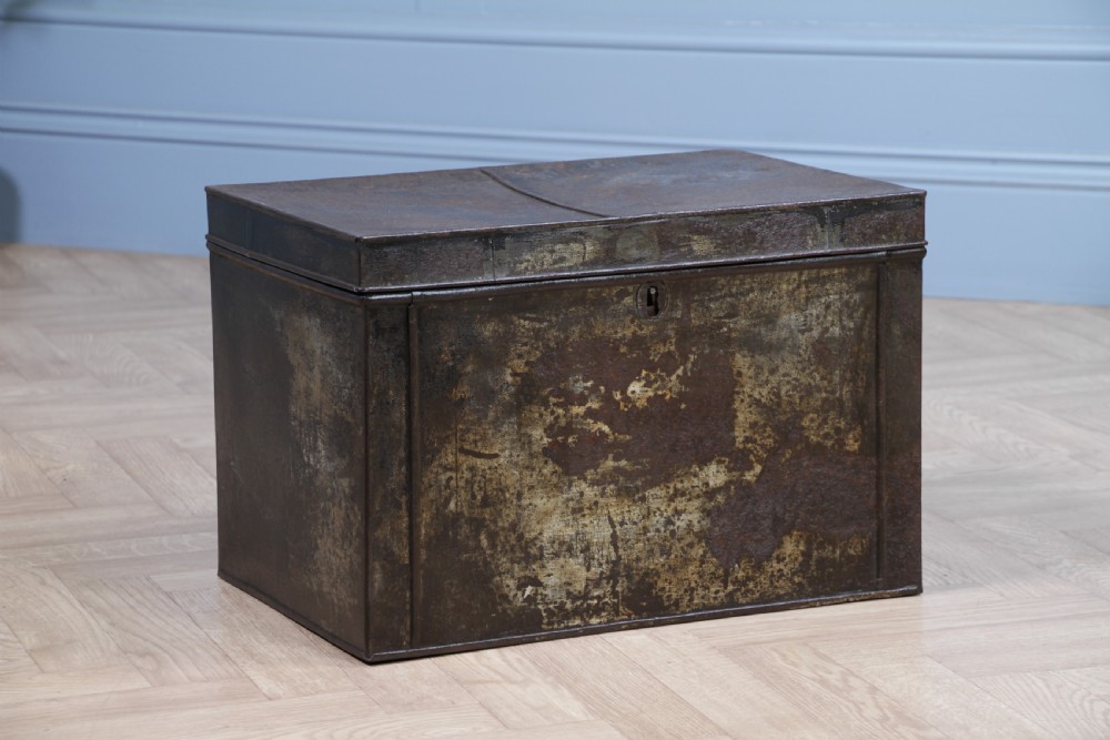 Antique Victorian Tinplate Metal Deed Chest Trunk Box Vintage 1860 View VI