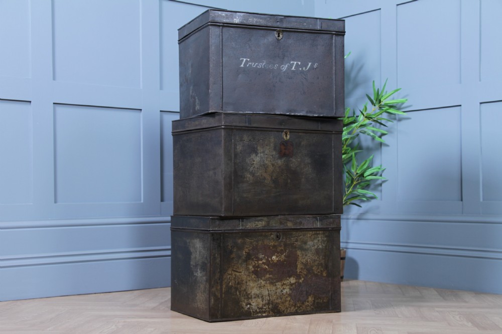 Antique Victorian Tinplate Metal Deed Chest Trunk Box Vintage 1860 View IX