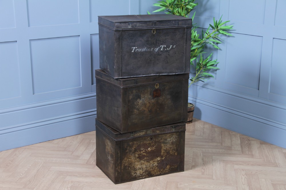 Antique Victorian Tinplate Metal Deed Chest Trunk Box Vintage 1860 View X