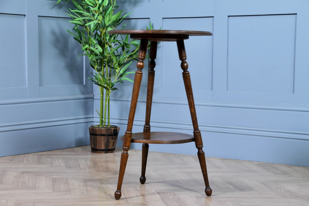 Original Antique Arts & Crafts Solid Oak Round Wine Lamp Side Table Occasional Turned Tripod View II
