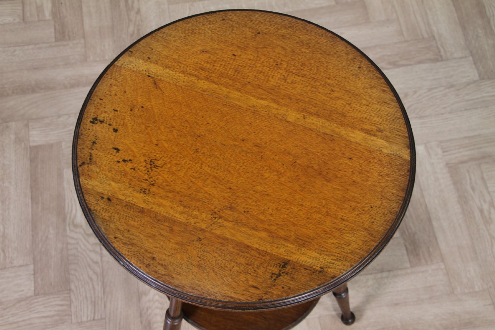 Original Antique Arts & Crafts Solid Oak Round Wine Lamp Side Table Occasional Turned Tripod View III