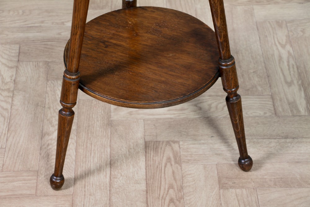 Original Antique Arts & Crafts Solid Oak Round Wine Lamp Side Table Occasional Turned Tripod View V