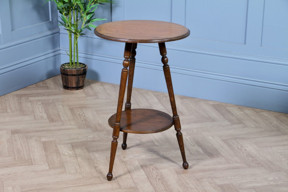 Original Antique Arts & Crafts Solid Oak Round Wine Lamp Side Table Occasional Turned Tripod View VI