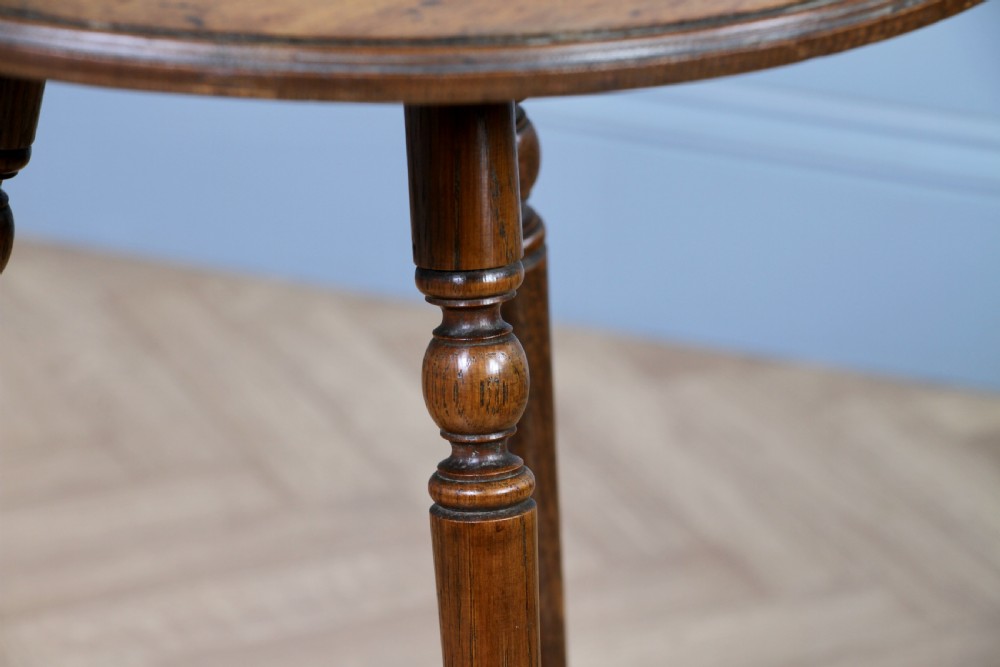 Original Antique Arts & Crafts Solid Oak Round Wine Lamp Side Table Occasional Turned Tripod View VII