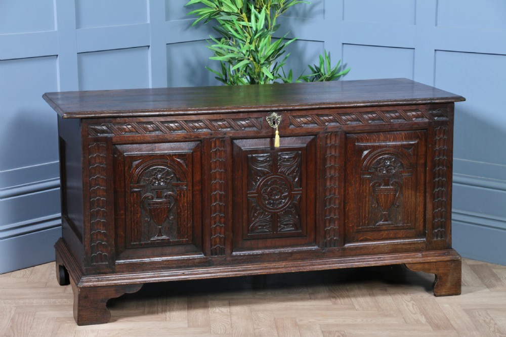 Antique Georgian 17th Century Oak Carved Coffer Locking With Original Key