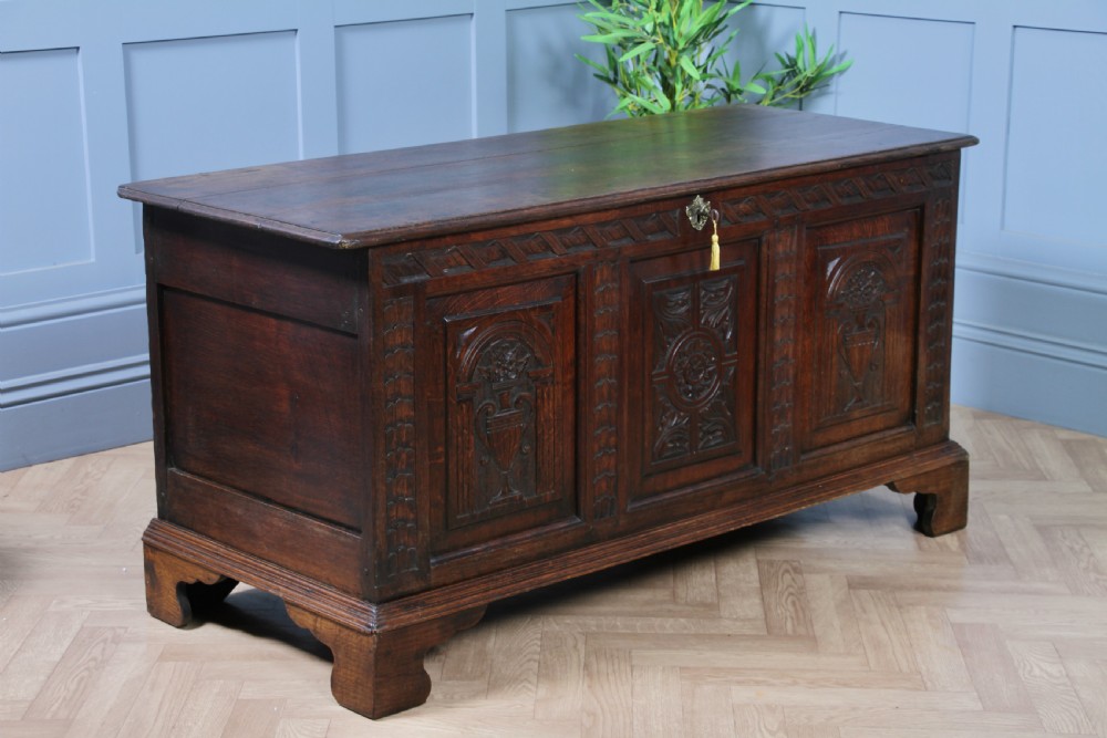 Antique Georgian 17th Century Oak Carved Coffer Locking With Original Key View II