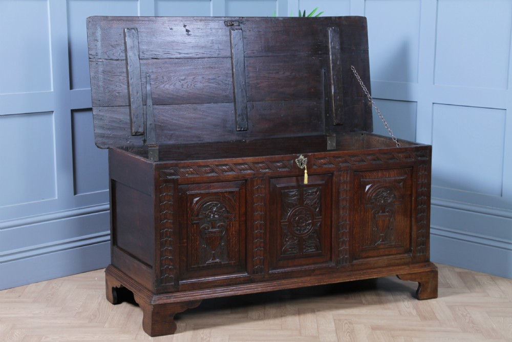 Antique Georgian 17th Century Oak Carved Coffer Locking With Original Key View III