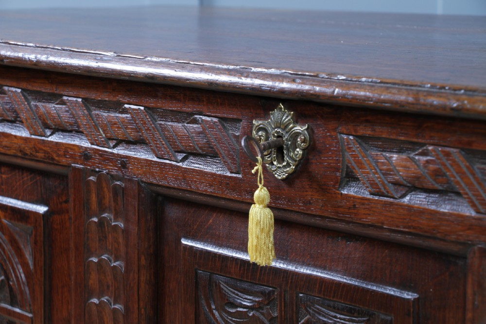 Antique Georgian 17th Century Oak Carved Coffer Locking With Original Key View IV