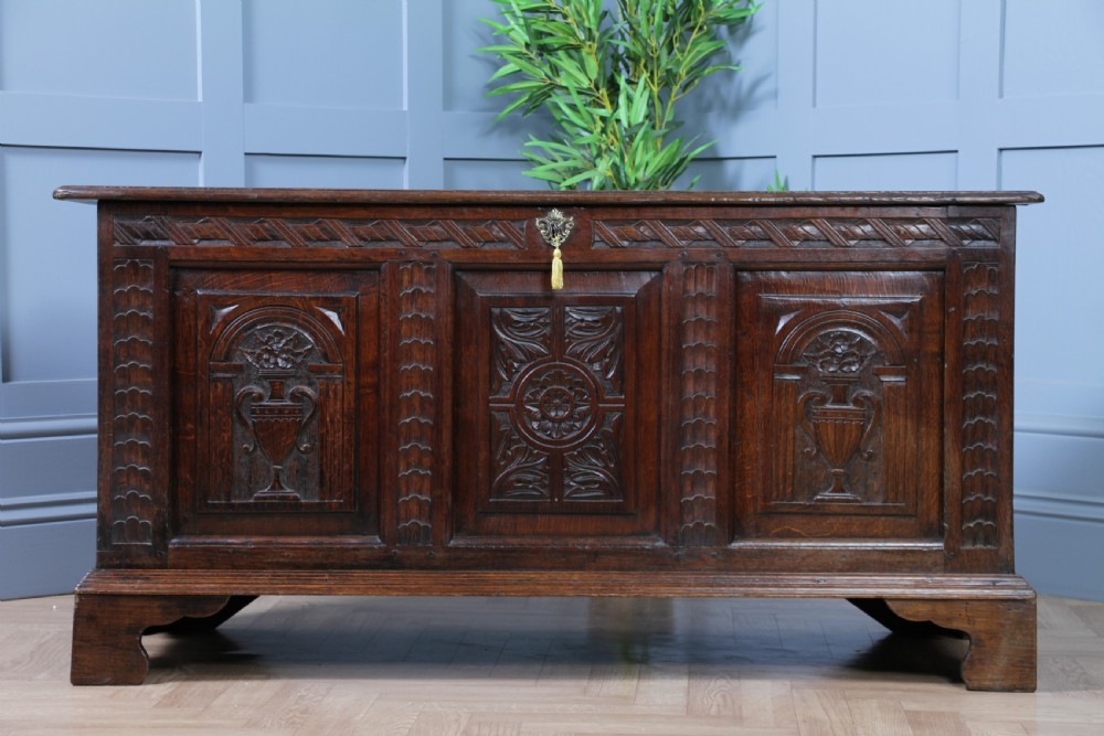 Antique Georgian 17th Century Oak Carved Coffer Locking With Original Key View V