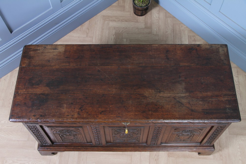 Antique Georgian 17th Century Oak Carved Coffer Locking With Original Key View VI