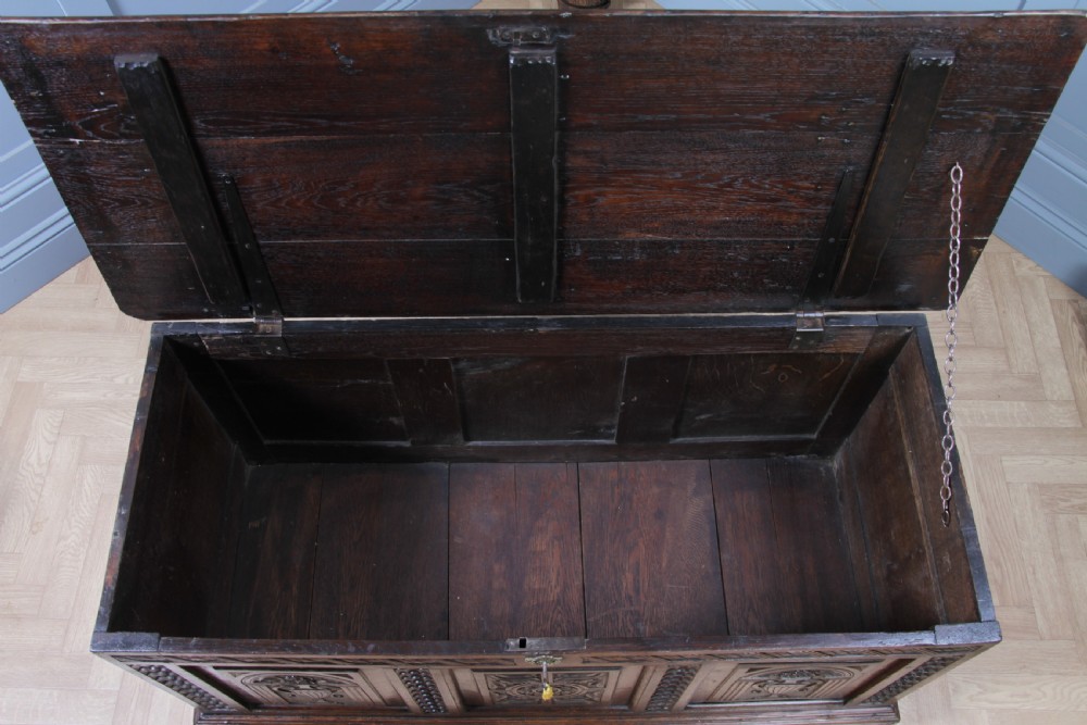 Antique Georgian 17th Century Oak Carved Coffer Locking With Original Key View VII