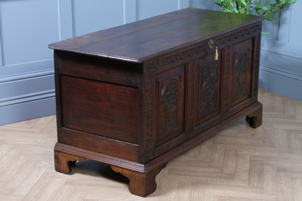 Antique Georgian 17th Century Oak Carved Coffer Locking With Original Key View VIII