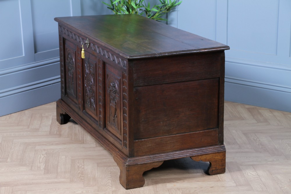 Antique Georgian 17th Century Oak Carved Coffer Locking With Original Key View X