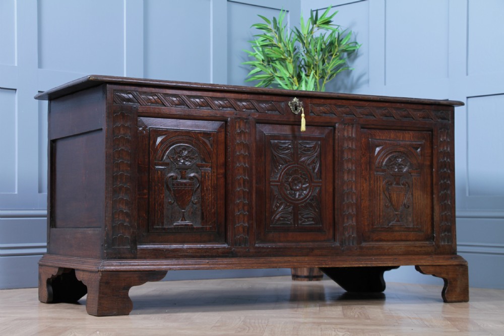 Antique Georgian 17th Century Oak Carved Coffer Locking With Original Key View XIII
