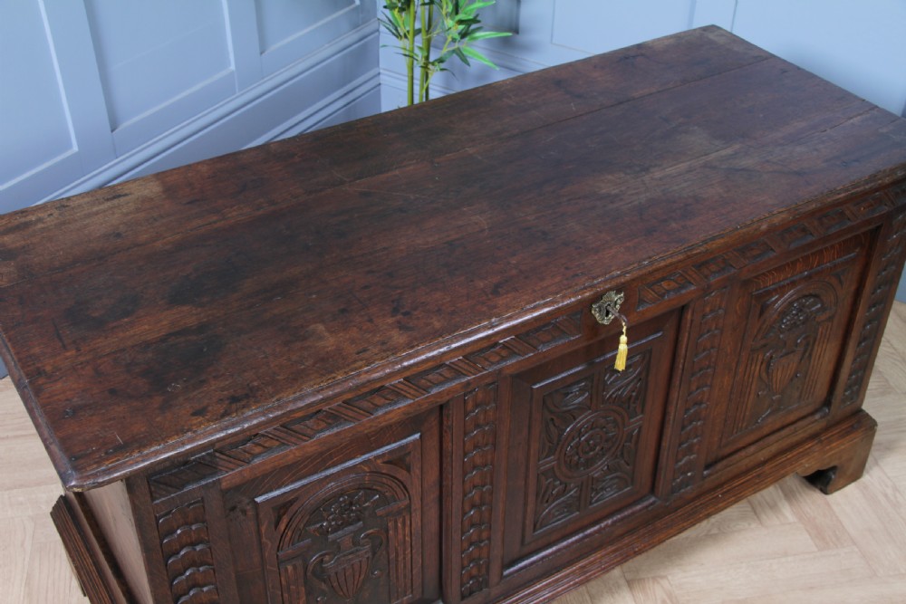 Antique Georgian 17th Century Oak Carved Coffer Locking With Original Key View XVI