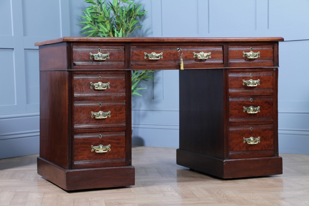 Antique Victorian Art Nouveau Mahogany 9 Drawer Twin Pedestal Writing Desk C1880 View IV