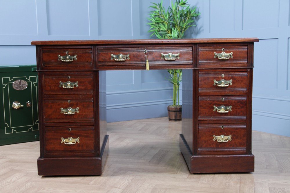 Antique Victorian Art Nouveau Mahogany 9 Drawer Twin Pedestal Writing Desk C1880 View V