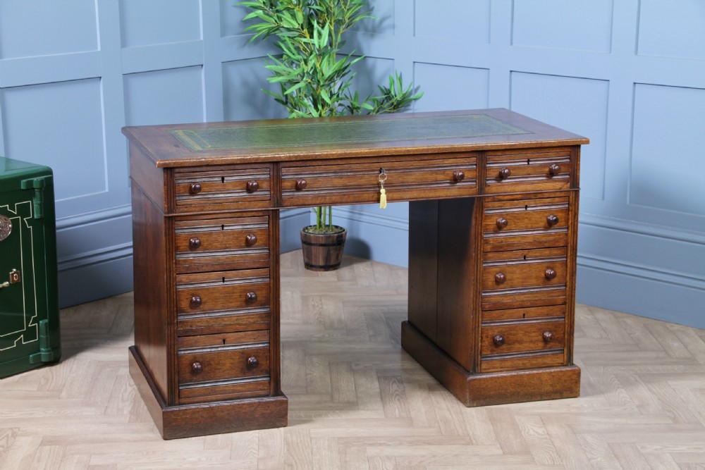 Antique Late Victorian Small Oak 9 Drawer Twin Pedestal Writing Desk With Key C1880
 View II