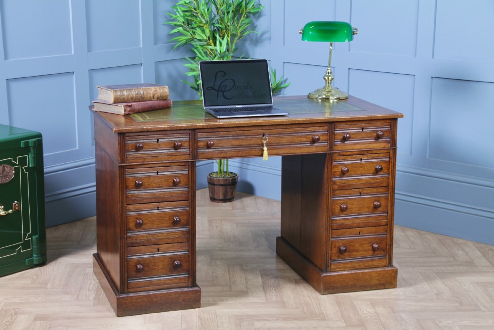 Antique Late Victorian Small Oak 9 Drawer Twin Pedestal Writing Desk With Key C1880
