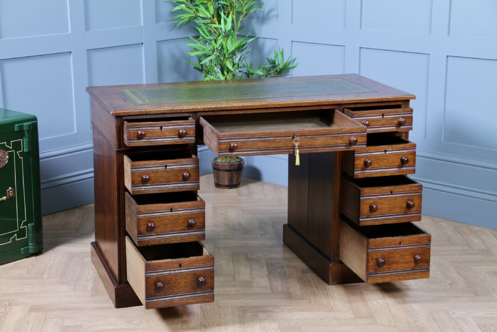 Antique Late Victorian Small Oak 9 Drawer Twin Pedestal Writing Desk With Key C1880
 View III