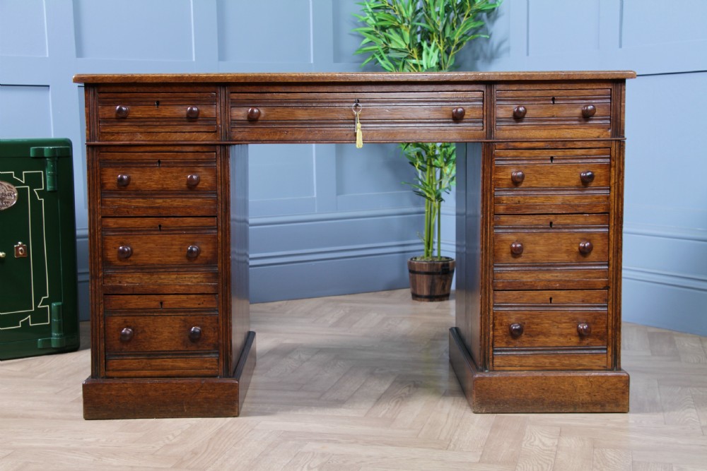 Antique Late Victorian Small Oak 9 Drawer Twin Pedestal Writing Desk With Key C1880
 View IV