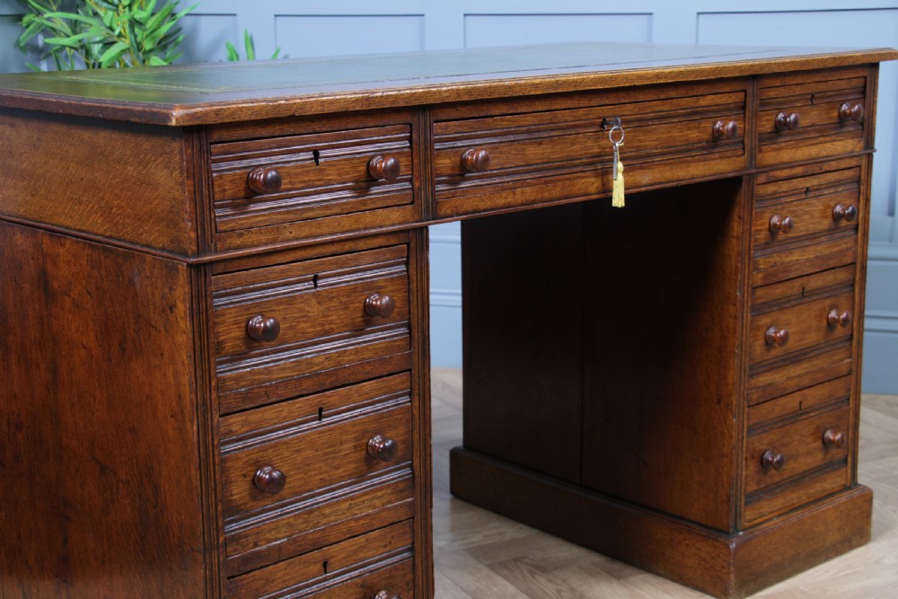 Antique Late Victorian Small Oak 9 Drawer Twin Pedestal Writing Desk With Key C1880
 View VI