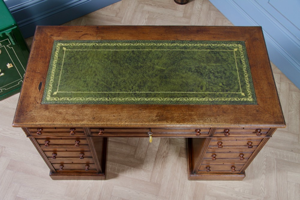 Antique Late Victorian Small Oak 9 Drawer Twin Pedestal Writing Desk With Key C1880
 View VII