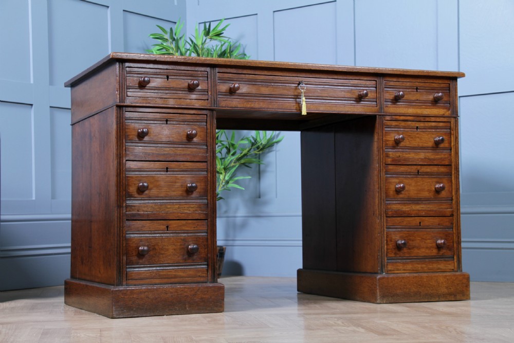 Antique Late Victorian Small Oak 9 Drawer Twin Pedestal Writing Desk With Key C1880
 View IX