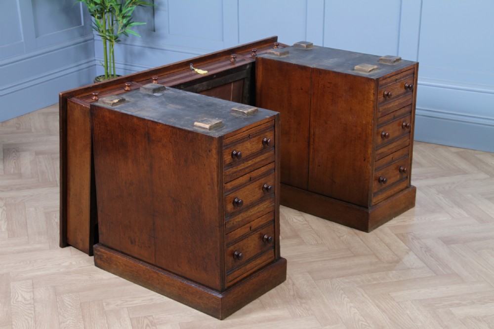 Antique Late Victorian Small Oak 9 Drawer Twin Pedestal Writing Desk With Key C1880
 View X