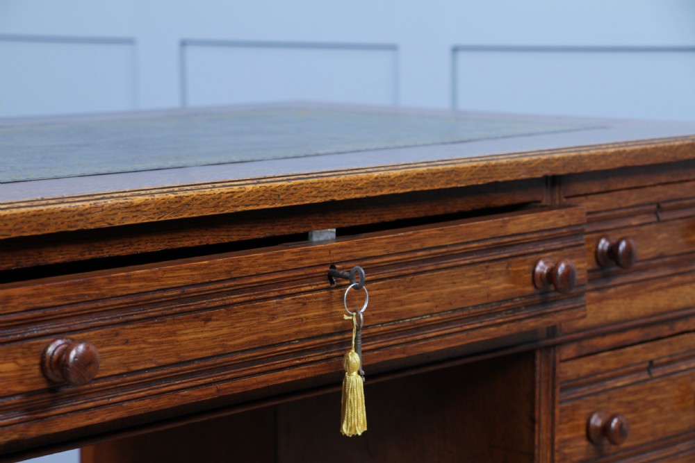 Antique Late Victorian Small Oak 9 Drawer Twin Pedestal Writing Desk With Key C1880
 View XI