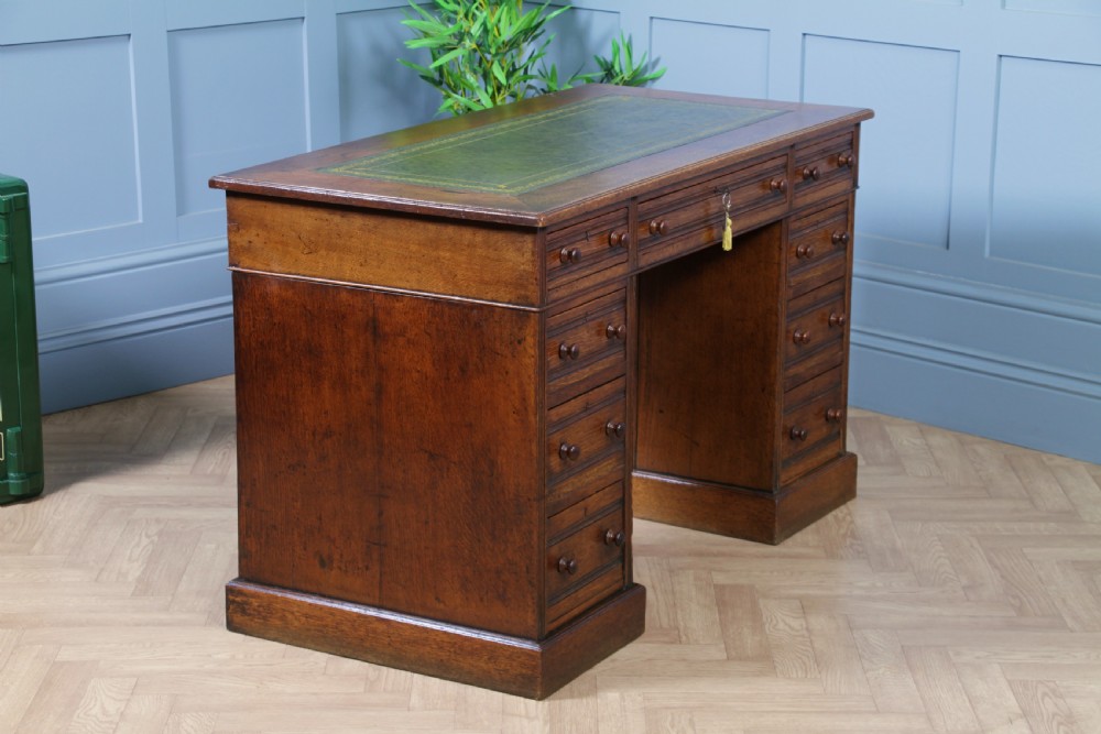 Antique Late Victorian Small Oak 9 Drawer Twin Pedestal Writing Desk With Key C1880
 View XII