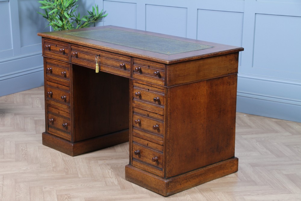 Antique Late Victorian Small Oak 9 Drawer Twin Pedestal Writing Desk With Key C1880
 View XIII