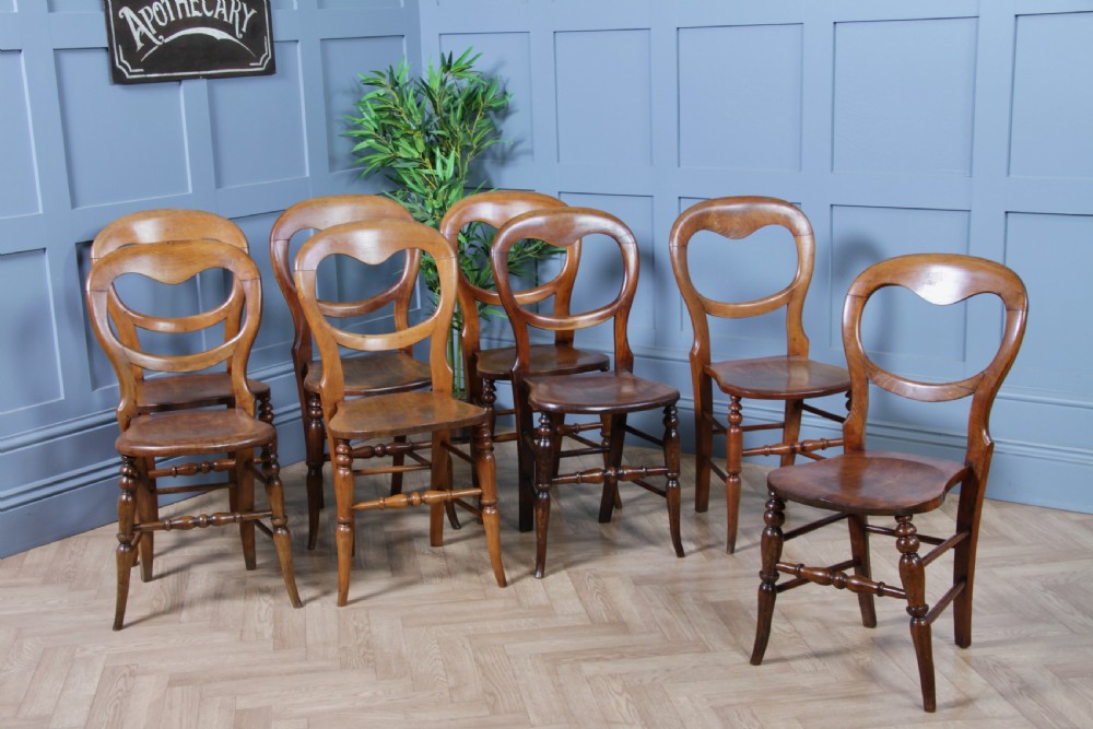 Harlequin Set of 8 Antique Original Victorian Balloon Back Kitchen Chairs C1870