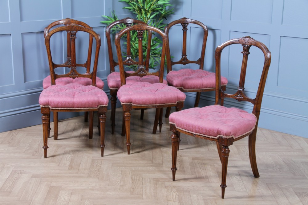 Set of 6 Antique Late Victorian Walnut Carved Crown Splat Back Dining Chairs