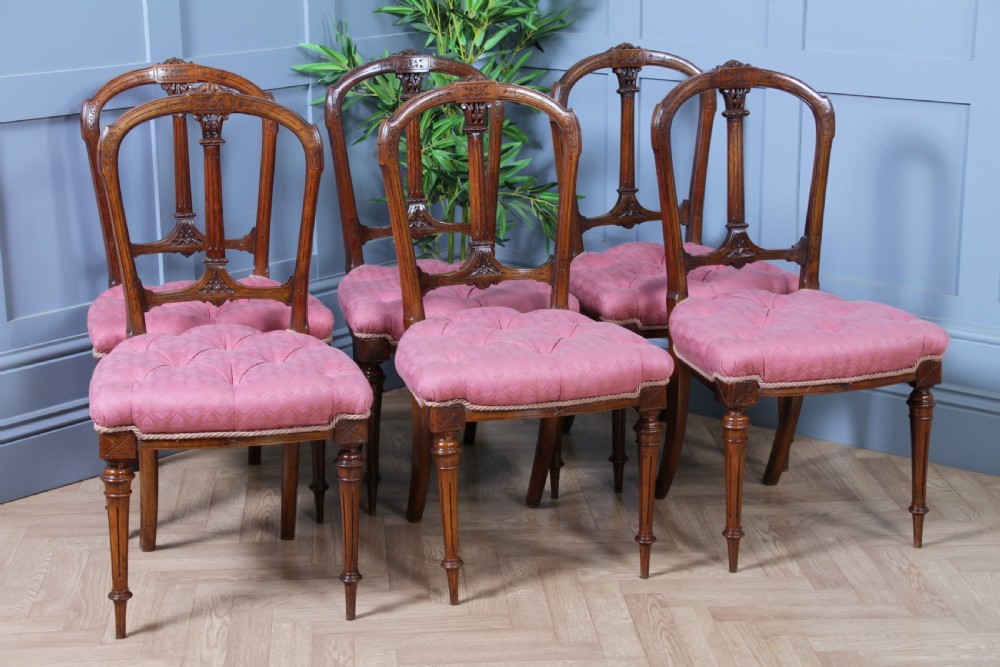 Set of 6 Antique Late Victorian Walnut Carved Crown Splat Back Dining Chairs View II