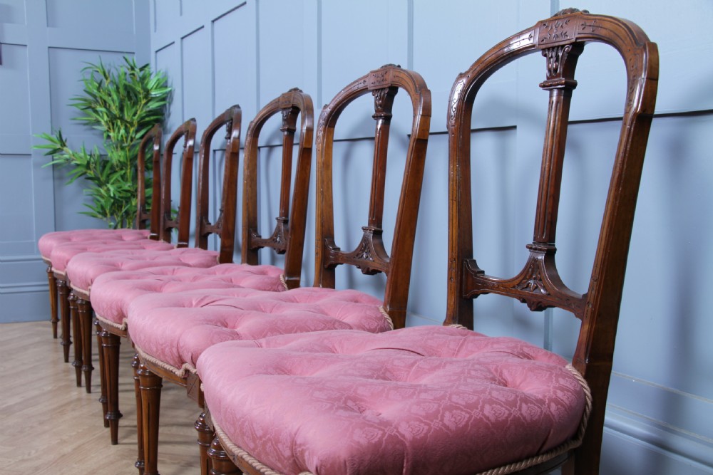 Set of 6 Antique Late Victorian Walnut Carved Crown Splat Back Dining Chairs View III