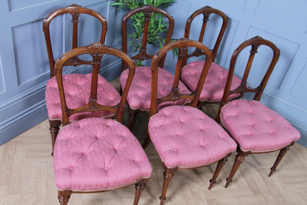 Set of 6 Antique Late Victorian Walnut Carved Crown Splat Back Dining Chairs View V