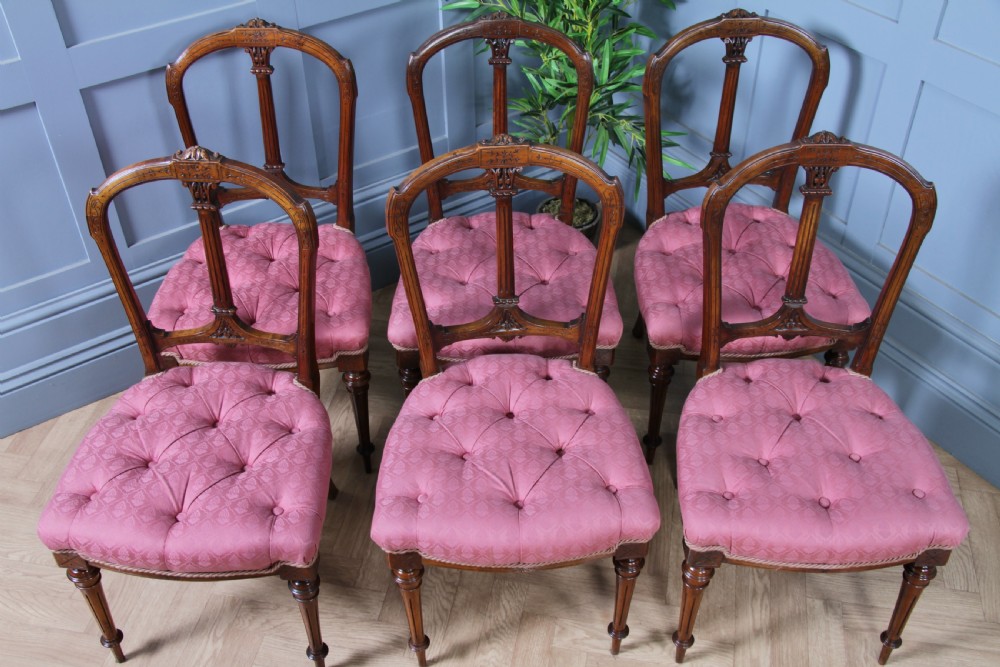Set of 6 Antique Late Victorian Walnut Carved Crown Splat Back Dining Chairs View IX