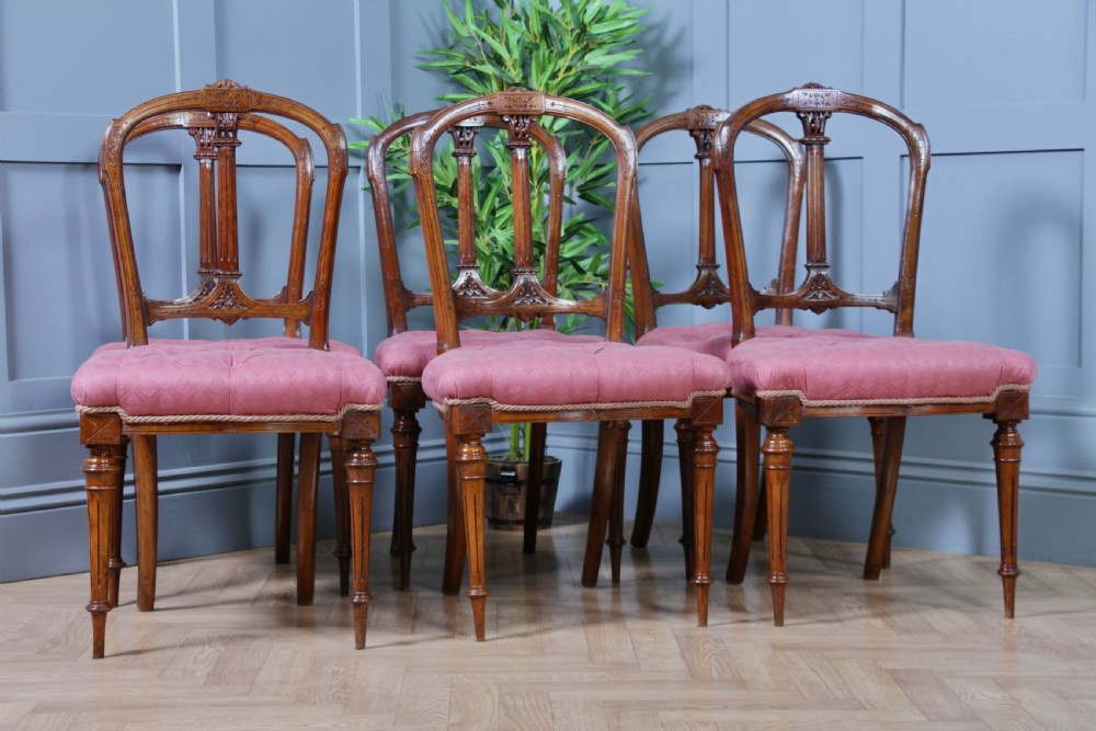 Set of 6 Antique Late Victorian Walnut Carved Crown Splat Back Dining Chairs View X