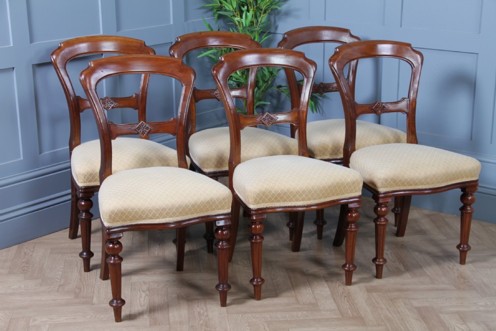 Set of 6 Antique Victorian Carved Crown Balloon Back Mahogany Dining Chairs 1870 View II