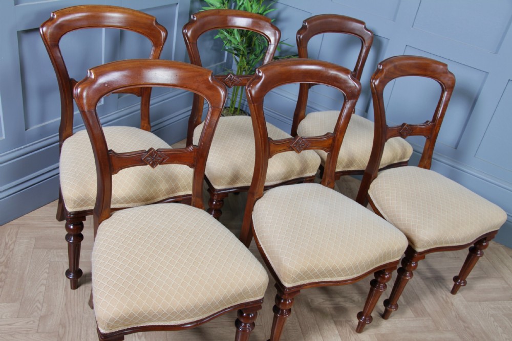 Set of 6 Antique Victorian Carved Crown Balloon Back Mahogany Dining Chairs 1870 View III