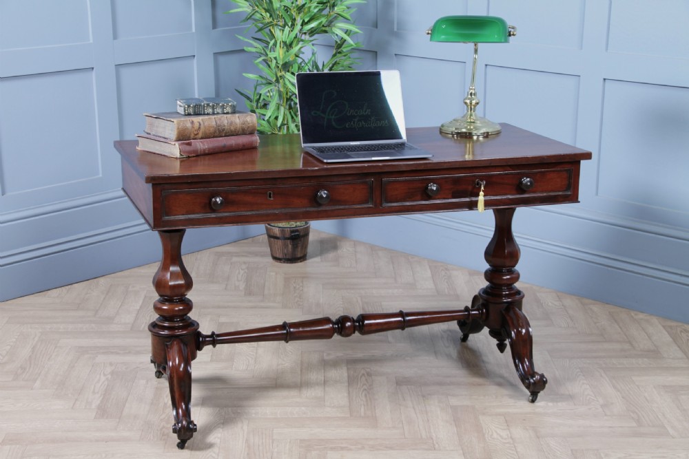 Antique Early Victorian Mahogany Carved Library Writing Table View II