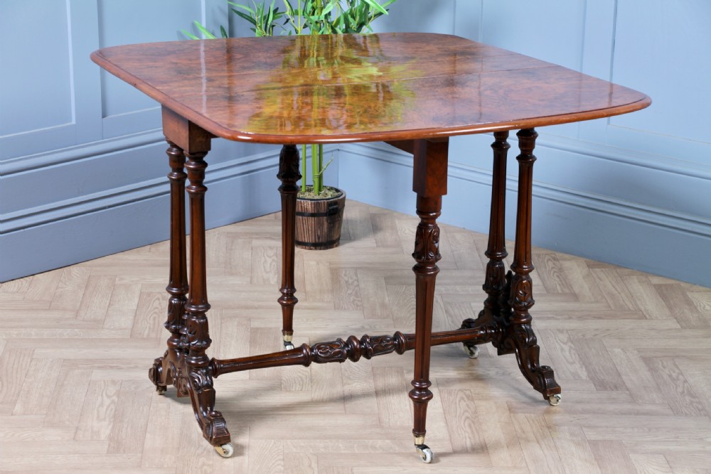 Antique Early Victorian Burr Walnut Carved Drop Leaf Sutherland Dining Table View II