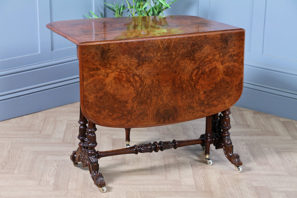 Antique Early Victorian Burr Walnut Carved Drop Leaf Sutherland Dining Table View III
